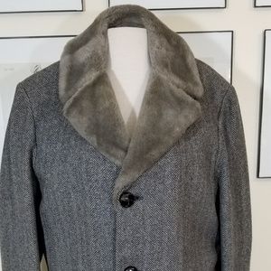 Pendleton Mens Long Tweed Coat Faux Fur Collar